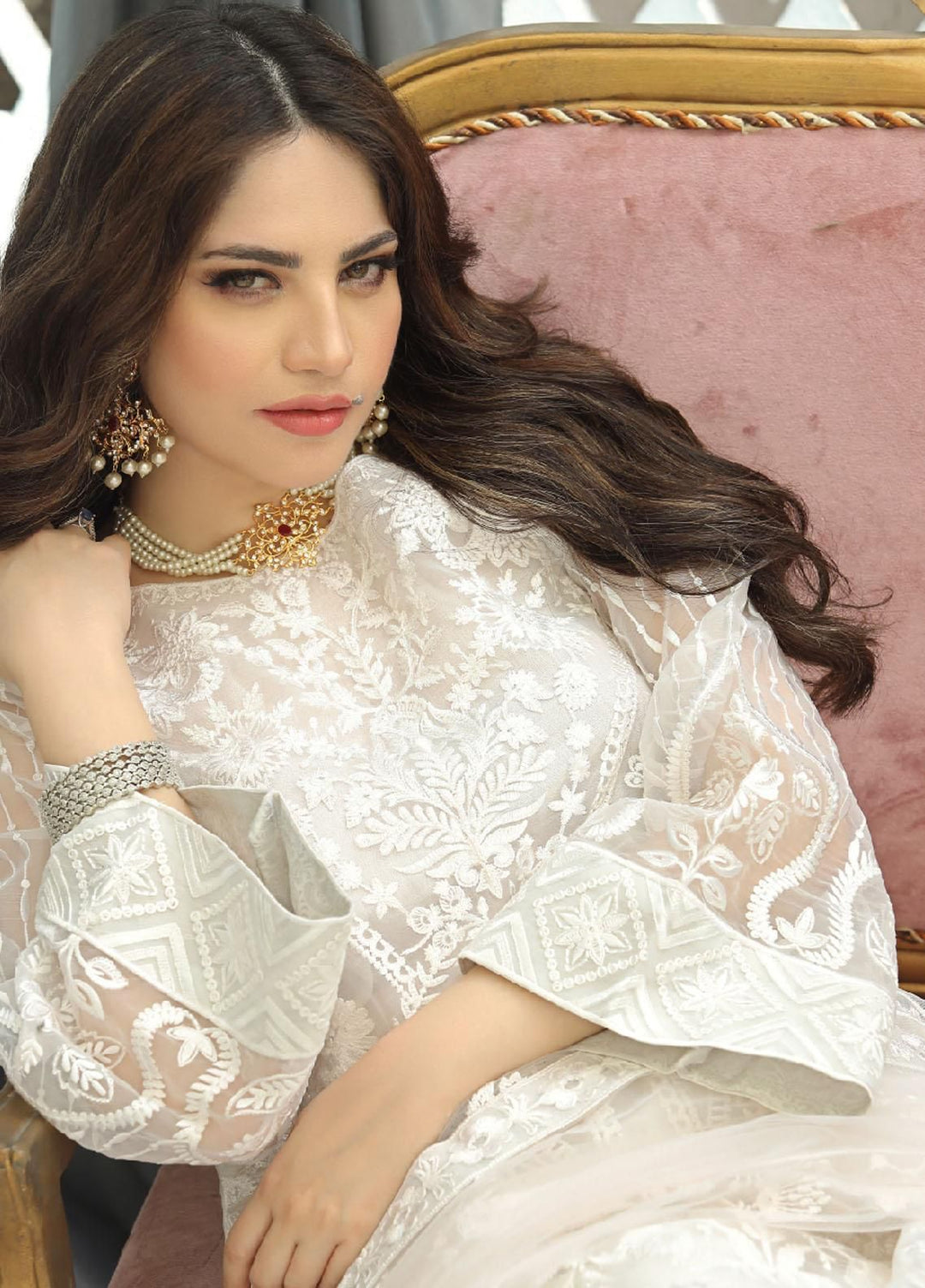 PARTY SUIT WORN BY NEELUM MUNIR Unstitch FABRIC ORGANZA Front Full Heavy Embroidered With Sequence&amp;nbsp;